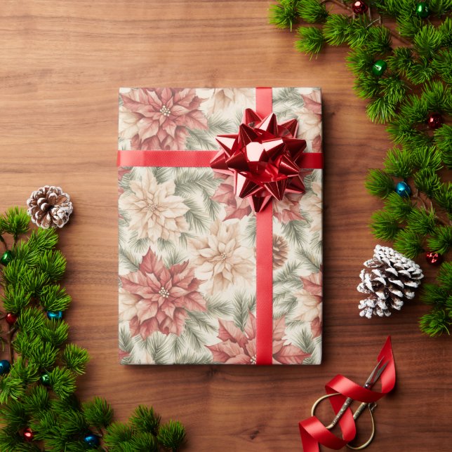 Papier Cadeau Fleurs de Noël Rouge Vert Chaud  (Cadeau de vacances)