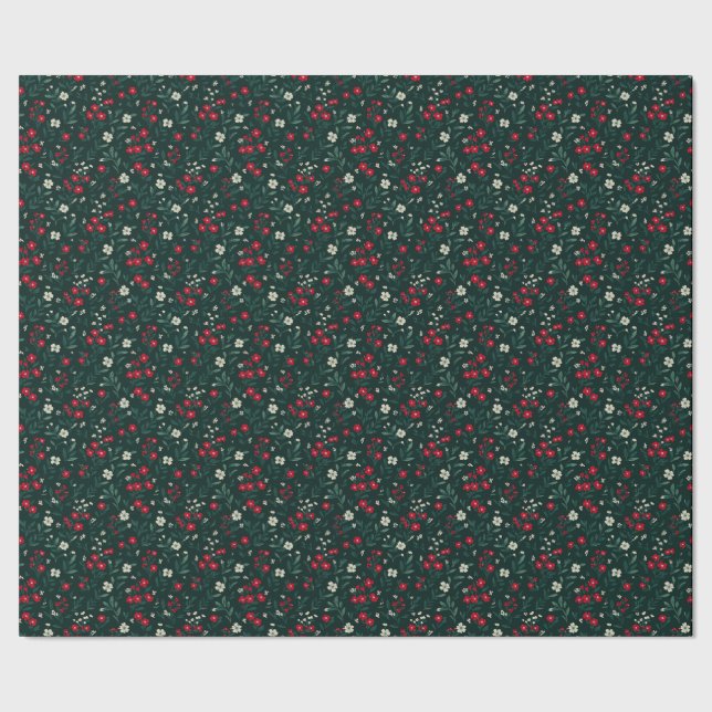 Papier Cadeau Fleurs de Noël vertes rouges et blanches (Couture)