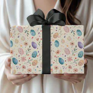 Papier Cadeau Fleurs de Pâques et feuilles aquarelles vintage Œu