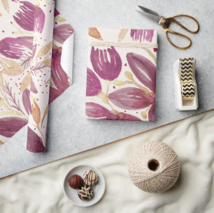 Papier Cadeau Fleurs de passion, Aquarelle Bourgogne et or