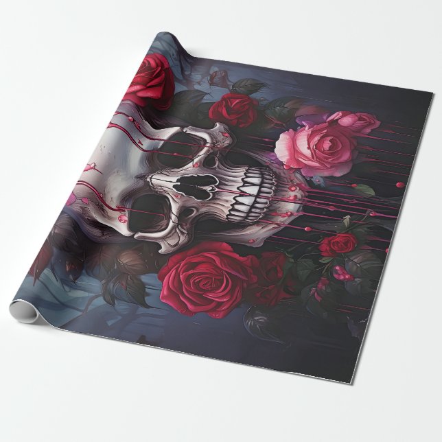 Papier Cadeau Fleurs de passion Larmes à feu, Goth Crâne & Roses (Déroulé)