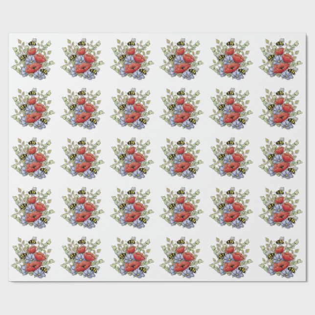 Papier Cadeau Fleurs de pavot et dessin numérique de abeilles, b (Plat)