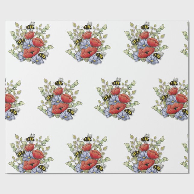 Papier Cadeau Fleurs de pavot et dessin numérique de botanique  (Plat)