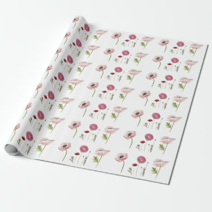 Papier Cadeau Fleurs de pavot rose motifs floraux en blanc