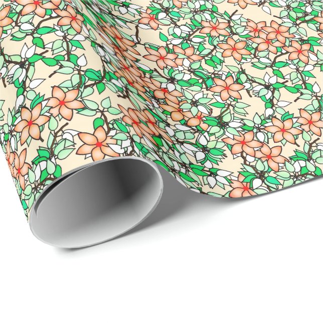 Papier Cadeau Fleurs de pêche, fond pêche pâle (Coin rond)
