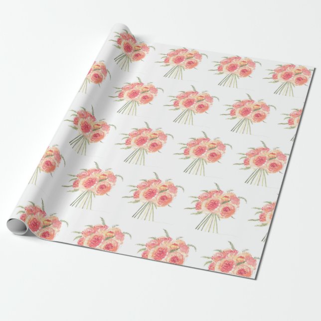 Papier Cadeau Fleurs de pivoine pastel Aquarelle rustique mariag (Déroulé)