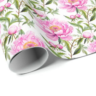 Papier Cadeau Fleurs de pivoines roses avec Feuilles verts Sage