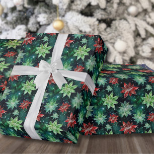 Papier Cadeau Fleurs de Poinsettia Noël