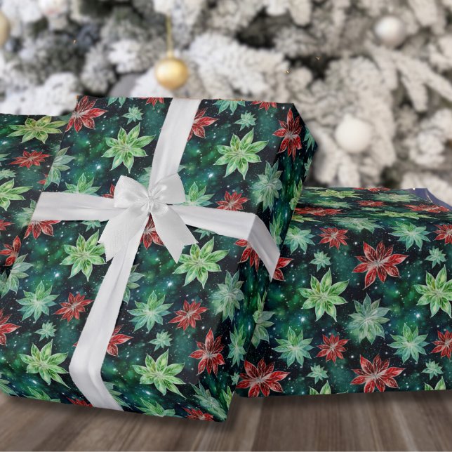 Papier Cadeau Fleurs de Poinsettia Noël (Classic Red Green Holiday Presents Christmas Wrapping Paper)