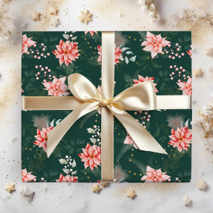 Papier Cadeau Fleurs de Poinsettia Rouges sur Fond Vert Foncé