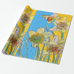 Papier Cadeau Fleurs de printemps bleu Daffodique jaune Aquarell