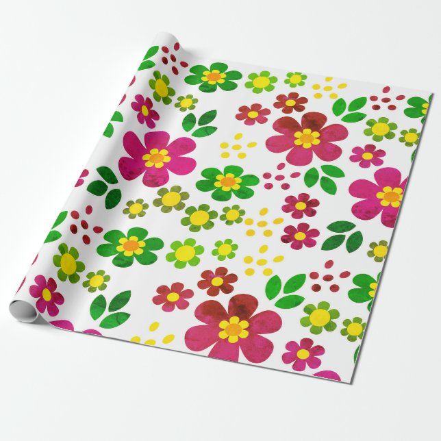 Papier Cadeau Fleurs De Printemps Et Motif Feuille (Déroulé)