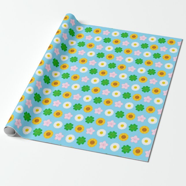 Papier Cadeau Fleurs de printemps Kawaii (Bleu) (Déroulé)