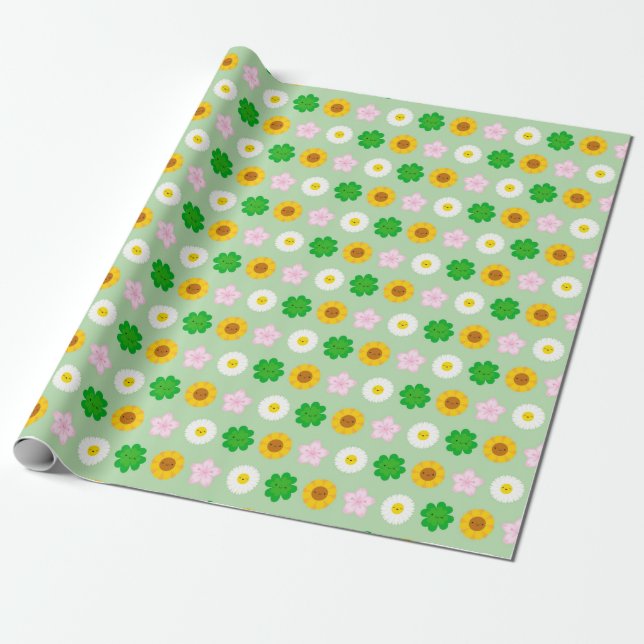 Papier Cadeau Fleurs de printemps Kawaii (vert) (Déroulé)