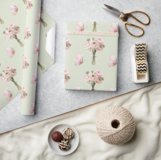 Papier Cadeau Fleurs de Ranunculus Rose Clair Papillons Annivers (Artisanat)