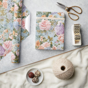 Papier Cadeau Fleurs de Régence Bleue Roses et Hydrangeas Vintag