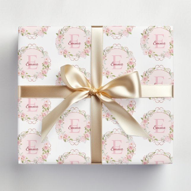 Papier Cadeau Fleurs de rose rose blush aquarelle monogramme flo (In situ)