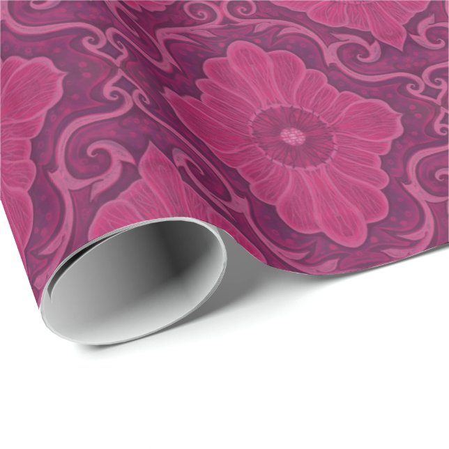 Papier Cadeau "Fleurs de rubis" motif floral arabesque (Coin rond)