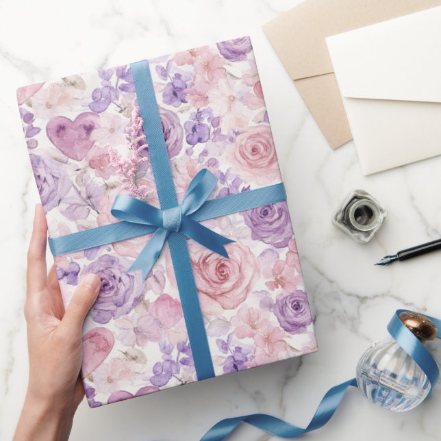 Papier Cadeau Fleurs de Saint-Valentin Cœurs Fleurs Rose Violet  (Cadeaux)