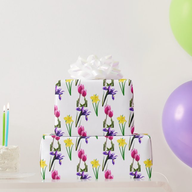 Papier Cadeau Fleurs de saison printanière Tulipe Iris Jonquille (Cadeaux de fête)