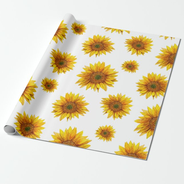 Papier Cadeau Fleurs de soleil aquarelle. Modèle floral rustique (Déroulé)