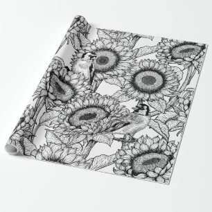 Papier Cadeau Fleurs de soleil et ailerons en noir et blanc