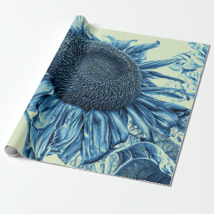 Papier Cadeau Fleurs de soleil géantes Vintage Art Bleu Découpag