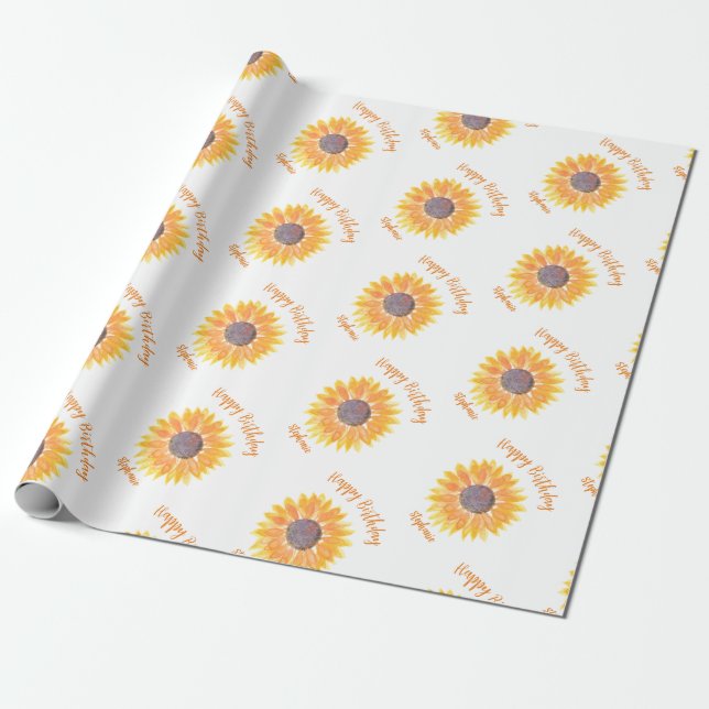 Papier Cadeau Fleurs de soleil personnalisées Joyeux anniversair (Déroulé)