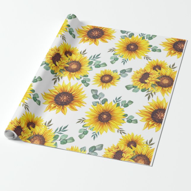 Papier Cadeau Fleurs de soleil sur un arrière - plan blanc (Déroulé)