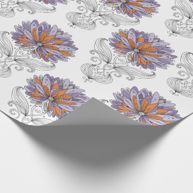 Papier Cadeau Fleurs de style d'art abstrait doodle violet orang (Coin)