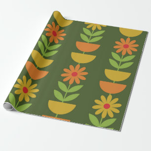Papier Cadeau Fleurs de style Mid Mod avec des demi-cercles géom