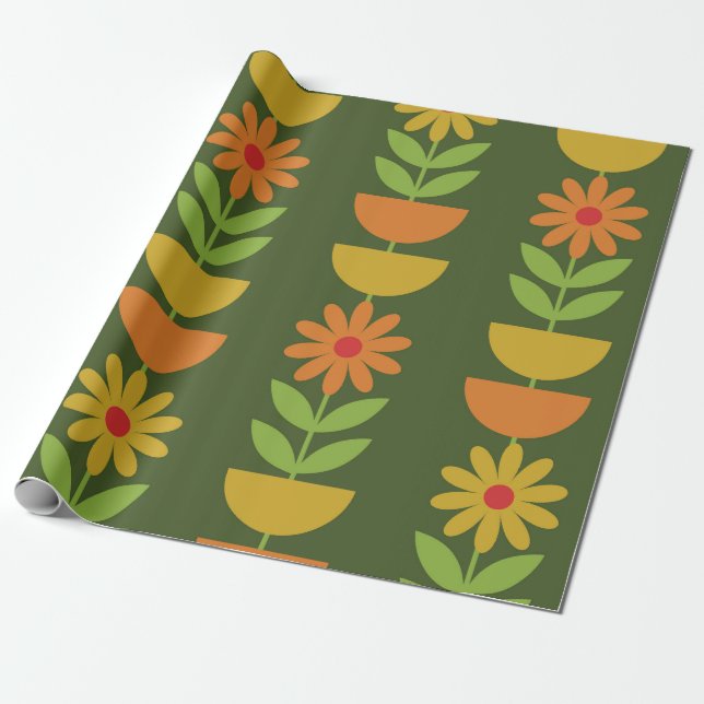 Papier Cadeau Fleurs de style Mid Mod avec des demi-cercles géom (Déroulé)