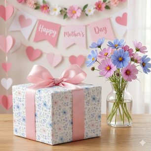 Papier Cadeau Fleurs de Teint de Blush Bleu à l'Aquarelle