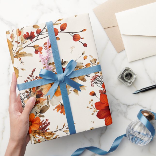 Papier Cadeau Fleurs de terre cuite et blanches, botanique boho  (Cadeaux)