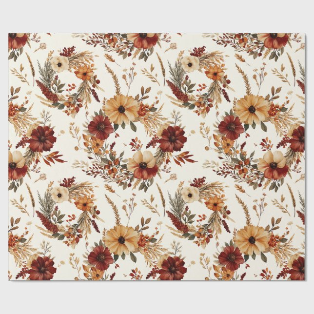 Papier Cadeau Fleurs de terre cuite et blanches, botanique boho  (Plat)