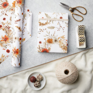 Papier Cadeau Fleurs de terre cuite et blanches, botanique boho