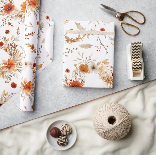 Papier Cadeau Fleurs de terre cuite et blanches, botanique boho  (Artisanat)