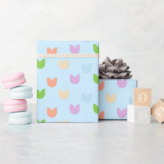 Papier Cadeau Fleurs de tulipe Pastel, Bébé Bleu (Baby Shower)