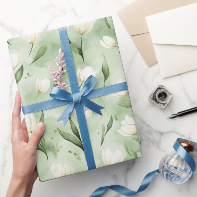 Papier Cadeau Fleurs de tulipe vertes blanches pour anniversaire (Cadeaux)