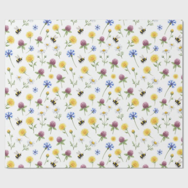 Papier Cadeau Fleurs des champs et abeilles à l'aquarelle  (Plat)