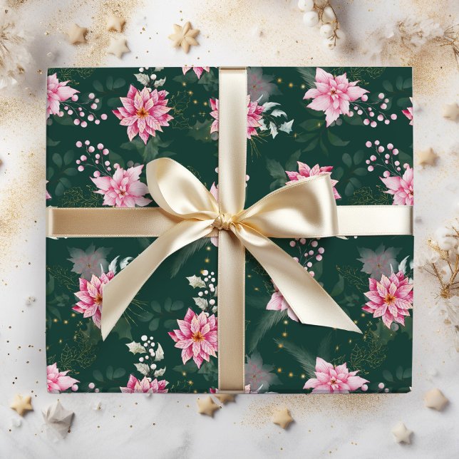 Papier Cadeau Fleurs d'Euphorbe Rose sur Fond Vert Foncé (Créateur téléchargé)