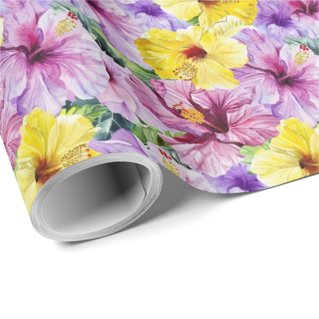 Papier Cadeau Fleurs d'Hibiscus Rose et Jaune (Coin rond)