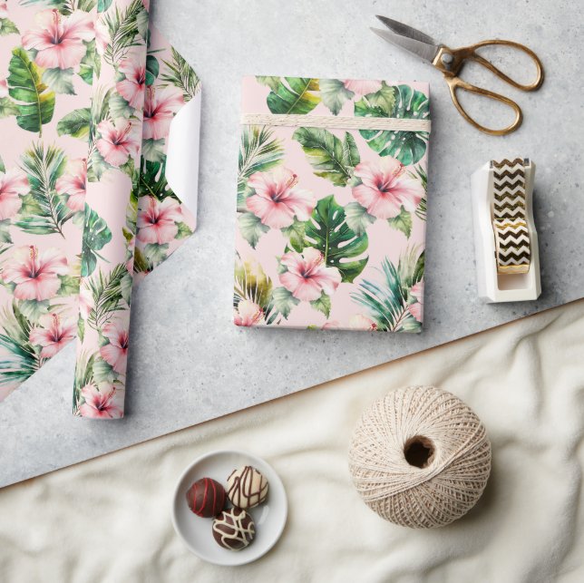 Papier Cadeau Fleurs d'Hibiscus roses aux Feuilles tropicaux (Artisanat)