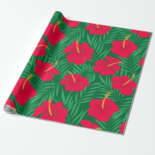 Papier Cadeau Fleurs d'Hibiscus rouges sur Motif Feuille tropica
