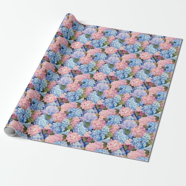 Papier Cadeau Fleurs d'Hydrangée rose et bleu sans joint (Déroulé)