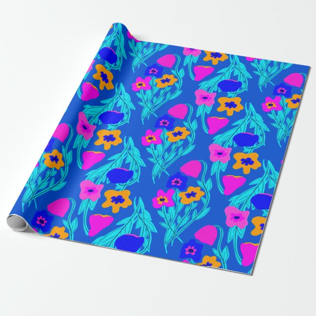 Papier Cadeau Fleurs d'impression Riso Couleurs vives (Déroulé)
