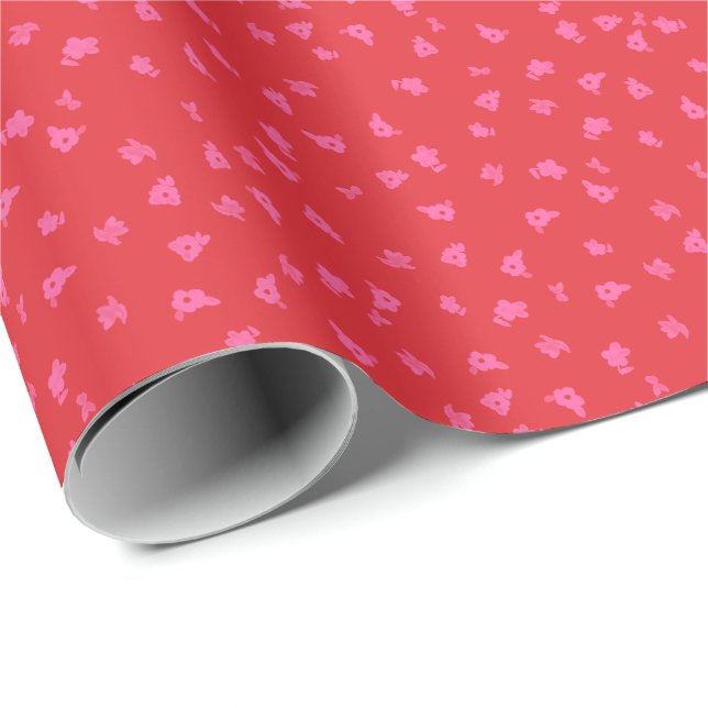 Papier Cadeau Fleurs Ditsy Rouge et Rose (Coin rond)