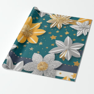 Papier Cadeau Fleurs d'or et étoiles d'argent arrière - plan vib