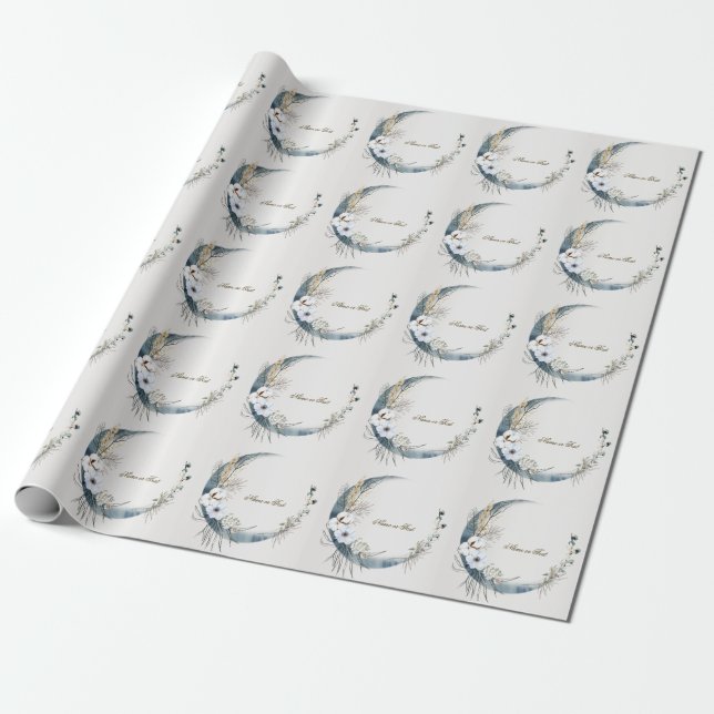 Papier Cadeau Fleurs d'orchidée blanche Boho Lune bleue Élégante (Déroulé)