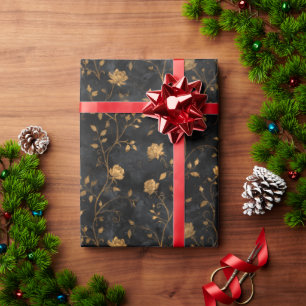 Papier Cadeau Fleurs dorées en détresse vintage sur fond noir